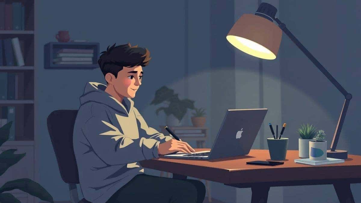 A beginner sitting at a laptop writing an AI image prompt, soft lighting, cozy workspace, digital art style, 4k, detailed