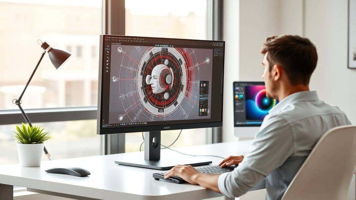A designer working on a dual monitor setup, one screen showing a futuristic AI image generator interface, the other displaying Photoshop, clean modern desk, natural lighting, 4k, professional atmosphere