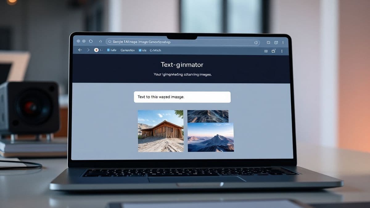 A clean, futuristic web interface of an AI image generator on a laptop screen, showing a text-to-image prompt box and four stunning generated images, modern workspace background, 4k, soft lighting