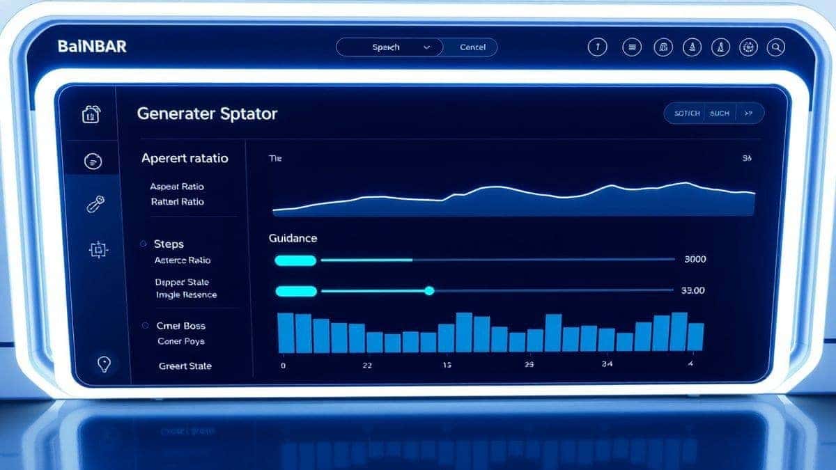 A clean, futuristic dashboard interface showing AI image generator settings like aspect ratio, steps, and guidance scale, with sliders and toggles, 4k resolution, professional UI design, bright lighting