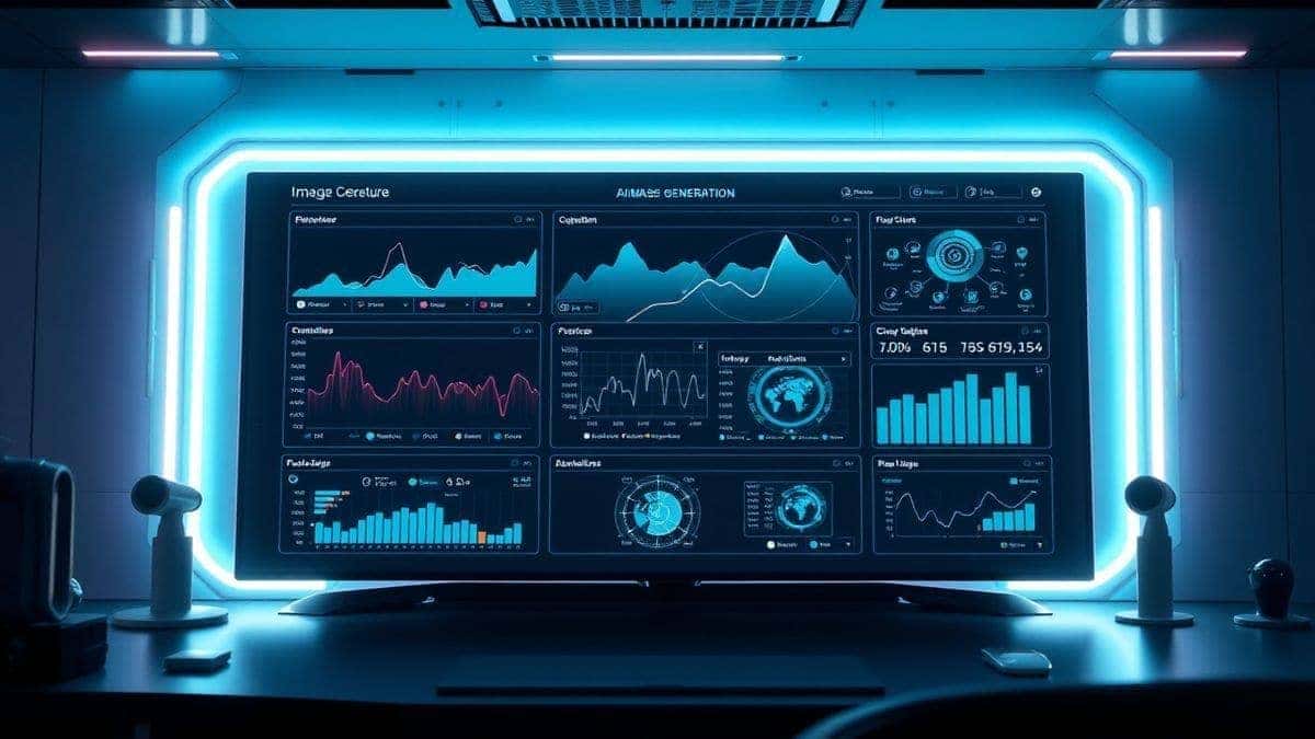 A futuristic dashboard showing multiple AI image generation tools interface, glowing neon lights, professional workspace setup, 4k, high detail