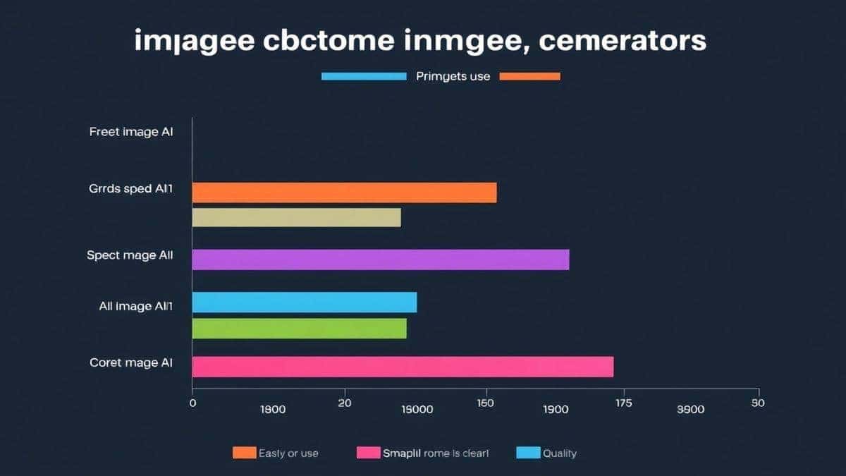 A bar chart comparing AI image generators based on speed, quality, and ease of use, with Free Image AI scoring highest in ease of use and speed, colorful infographic style, clean and professional