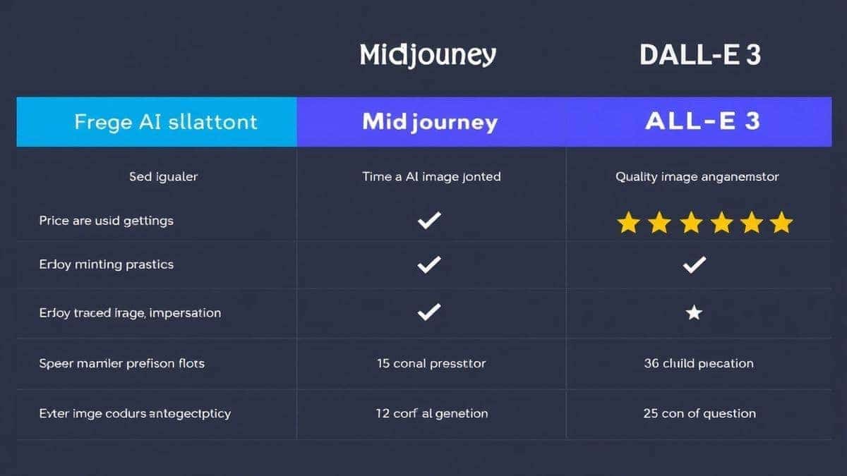 A visual comparison chart showing Free AI Image Generator, Midjourney, and DALL-E 3, highlighting features like price, speed, and quality with checkmarks and stars, professional infographic style, clean design A visual comparison chart showing Free AI Image Generator, Midjourney, and DALL-E 3, highlighting features like price, speed, and quality with checkmarks and stars, professional infographic style, clean design