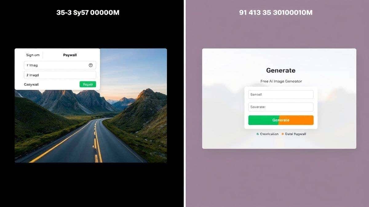 split screen comparison of AI image generators, one showing signup form and paywall, other showing free ai image generator no login interface with generate button, clean ui, 4k