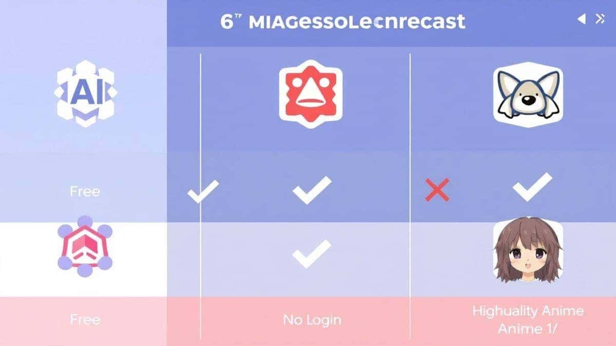Infographic style comparison chart showing logos of different AI image generators, with checkmarks and X marks for features like free, no login, Flux AI, and high-quality anime output, clean design Infographic style comparison chart showing logos of different AI image generators, with checkmarks and X marks for features like free, no login, Flux AI, and high-quality anime output, clean design