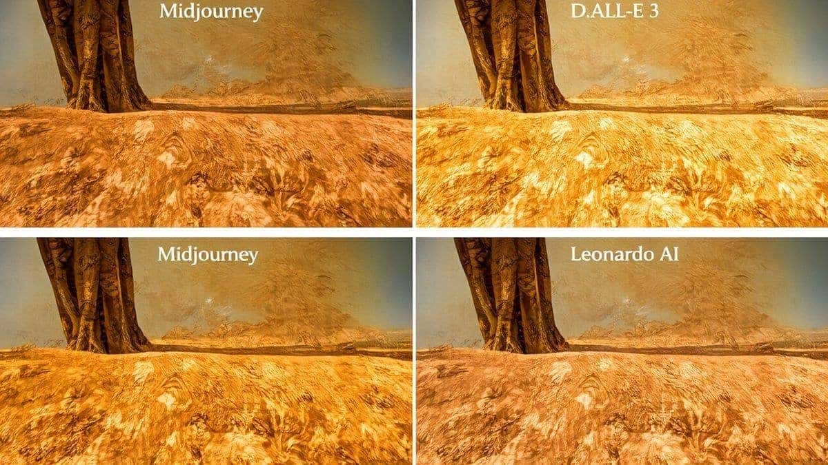 Side-by-side comparison grid showing four images generated from the same prompt using different tools: Free AI Image Generator, Midjourney, DALL-E 3, and Leonardo AI, highlighting differences in texture, lighting, and realism, annotated with labels Side-by-side comparison grid showing four images generated from the same prompt using different tools: Free AI Image Generator, Midjourney, DALL-E 3, and Leonardo AI, highlighting differences in texture, lighting, and realism, annotated with labels