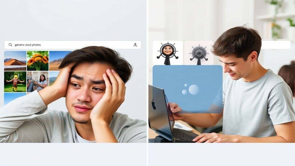 A split screen comparison. Left side shows a frustrated person searching through generic stock photos. Right side shows a relaxed person typing into an AI image generator and getting unique results.