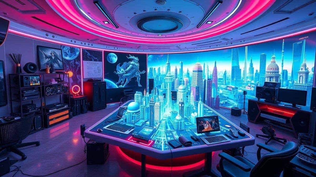 A wide panoramic view of a futuristic artist