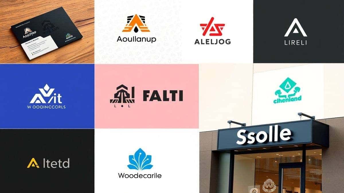 A collage of various professional AI generated logos on mockups including a business card, a website header, and a storefront sign, showcasing diversity in style from minimalist to illustrative, high quality product shot, 8k A collage of various professional AI generated logos on mockups including a business card, a website header, and a storefront sign, showcasing diversity in style from minimalist to illustrative, high quality product shot, 8k