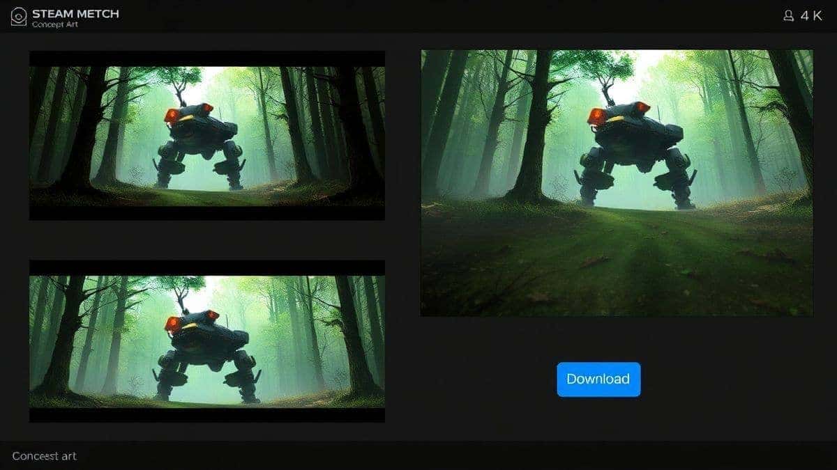 A collection of four generated concept art images of a steam mech in a forest displayed on a screen, with one image highlighted and a download button visible, professional layout, 4k A collection of four generated concept art images of a steam mech in a forest displayed on a screen, with one image highlighted and a download button visible, professional layout, 4k