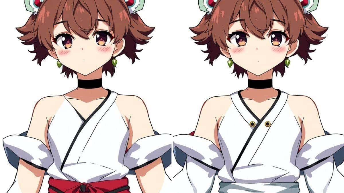 A side-by-side comparison of a basic anime prompt and a detailed prompt, showing the basic one with flaws and the detailed one from Flux AI with perfect anatomy, vibrant cel-shaded colors, and intricate details on the character's clothing, high quality, sharp focus