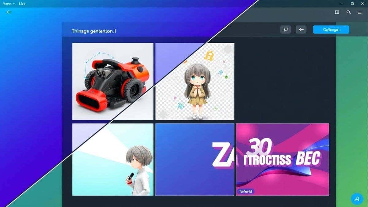 Split screen showing a user typing a text prompt into a computer and the Free AI Image Generator interface displaying multiple high-quality generated images including a realistic product photo, an anime character, and a 3D social media banner, showcasing versatility, bright colors, high detail Split screen showing a user typing a text prompt into a computer and the Free AI Image Generator interface displaying multiple high-quality generated images including a realistic product photo, an anime character, and a 3D social media banner, showcasing versatility, bright colors, high detail