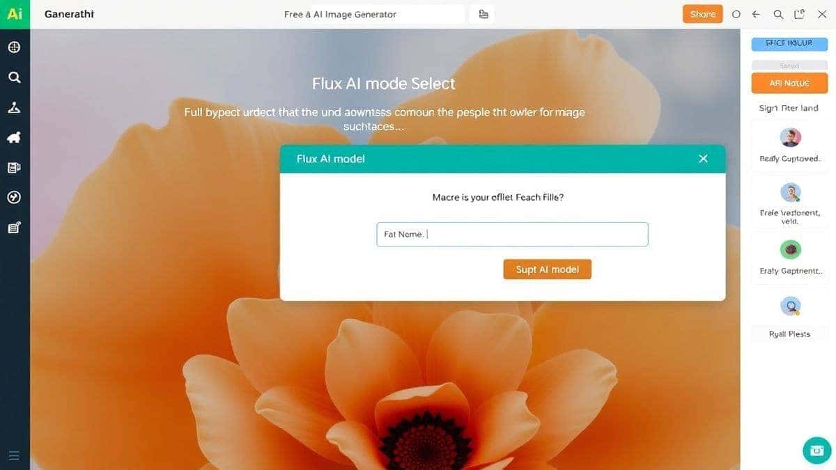 Screenshot of the Free AI Image Generator online tool interface, highlighting the Flux AI model selector and prompt input box, clean design, vibrant colors, user-friendly layout Screenshot of the Free AI Image Generator online tool interface, highlighting the Flux AI model selector and prompt input box, clean design, vibrant colors, user-friendly layout