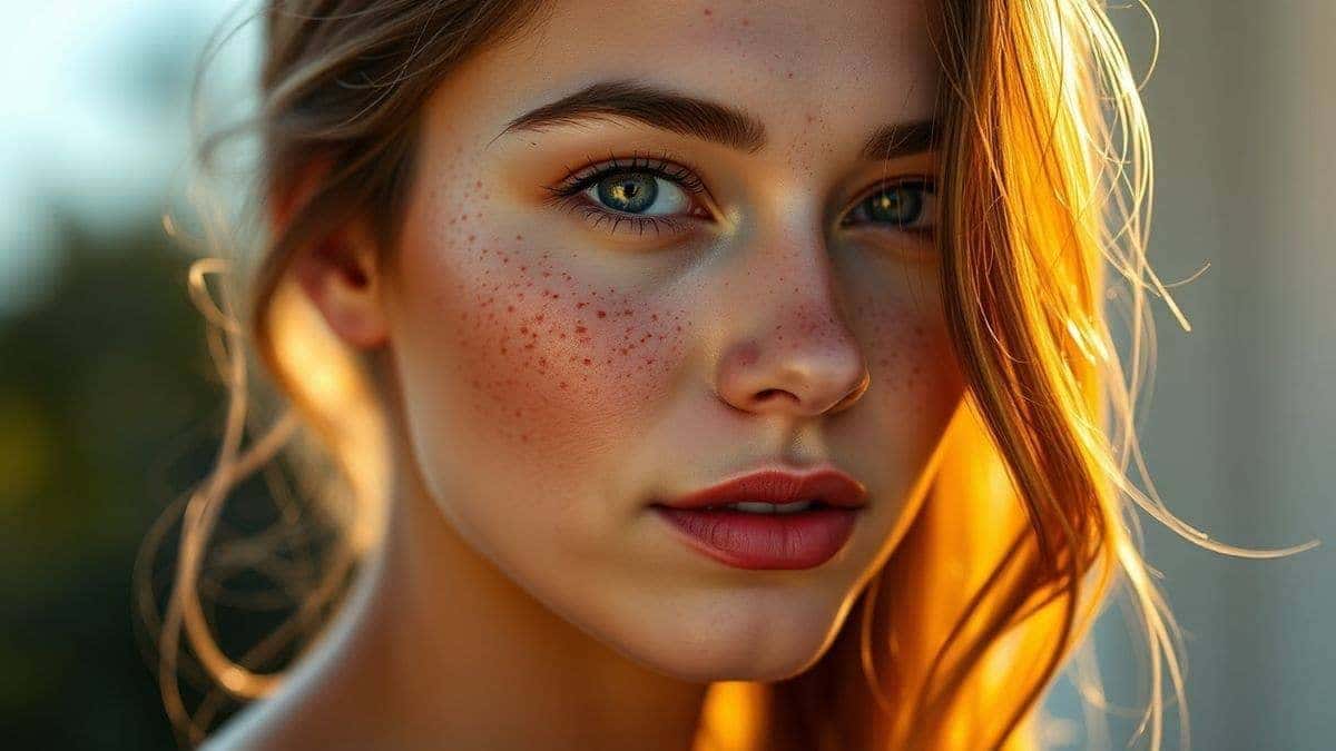 A hyper-realistic portrait of a woman with freckles and sunlight streaming through her hair, generated by Flux AI, showing professional studio quality, detailed skin texture, bokeh effect, 8k resolution A hyper-realistic portrait of a woman with freckles and sunlight streaming through her hair, generated by Flux AI, showing professional studio quality, detailed skin texture, bokeh effect, 8k resolution