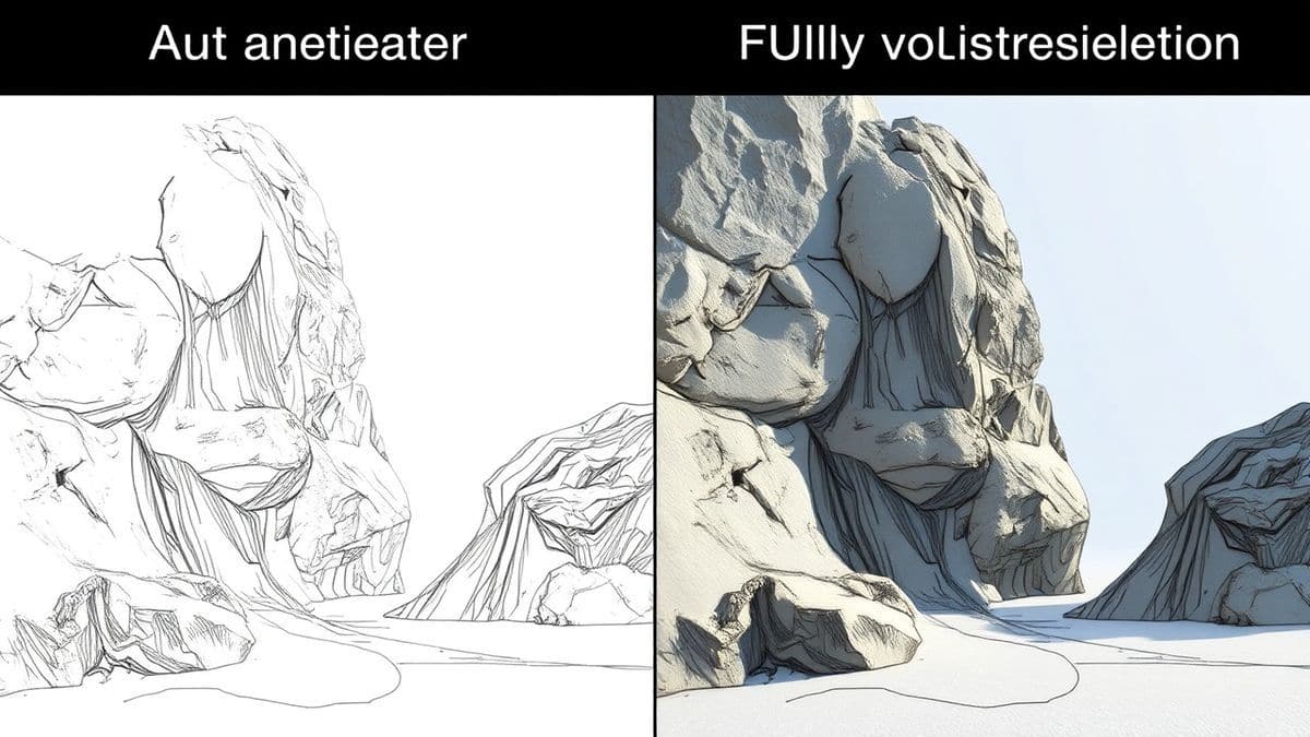 A split screen comparison showing an input sketch on the left and a fully rendered photorealistic output on the right, generated by Flux AI, highlighting detail, texture, and lighting, professional quality