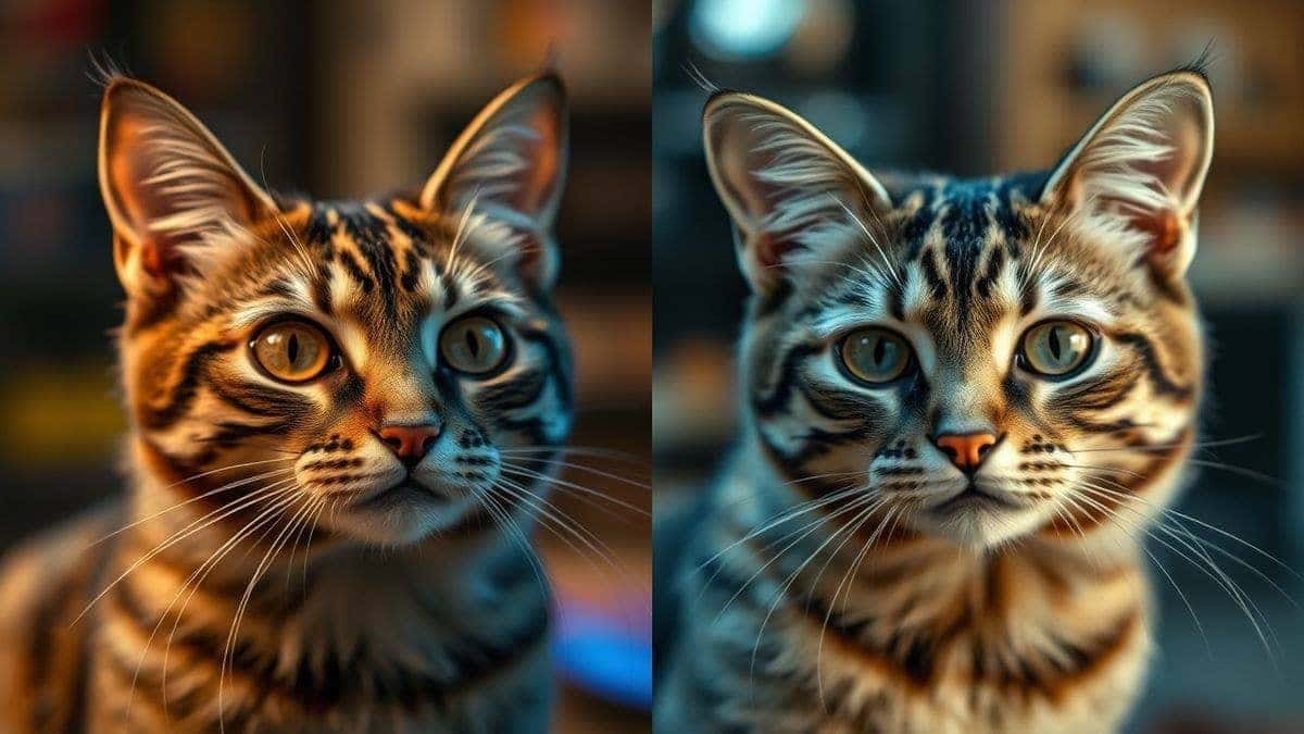 comparison of ai image generator quality showing detailed cyberpunk cat vs blurry old generator output, side by side, professional lighting, 4k