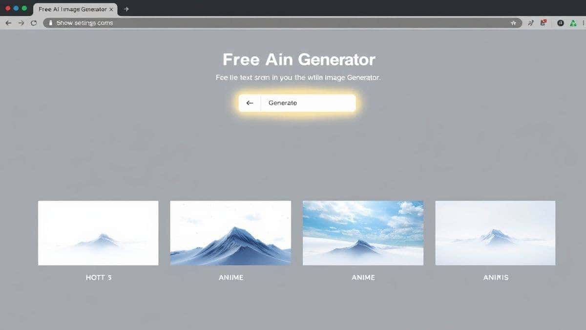 Clean modern web interface showing the Free AI Image Generator tool with a text prompt input field, a glowing generate button, and four example output images showing photorealistic and anime styles, minimalist design, soft lighting Clean modern web interface showing the Free AI Image Generator tool with a text prompt input field, a glowing generate button, and four example output images showing photorealistic and anime styles, minimalist design, soft lighting