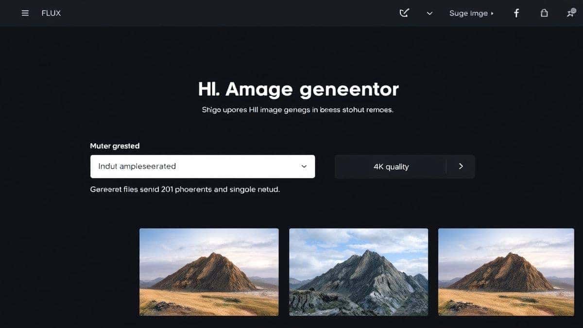 Flux AI image generator web interface showing prompt input field and generated sample images, modern dark UI design, 4k quality, photorealistic output examples displayed