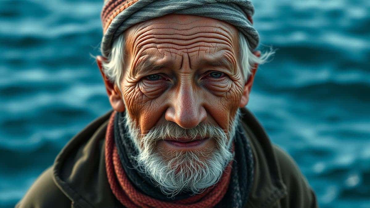 A highly detailed photorealistic portrait of an elderly fisherman with weathered skin, deep wrinkles, blue eyes, standing on a misty dock at sunrise, generated by Flux AI, 8k, cinematic lighting A highly detailed photorealistic portrait of an elderly fisherman with weathered skin, deep wrinkles, blue eyes, standing on a misty dock at sunrise, generated by Flux AI, 8k, cinematic lighting