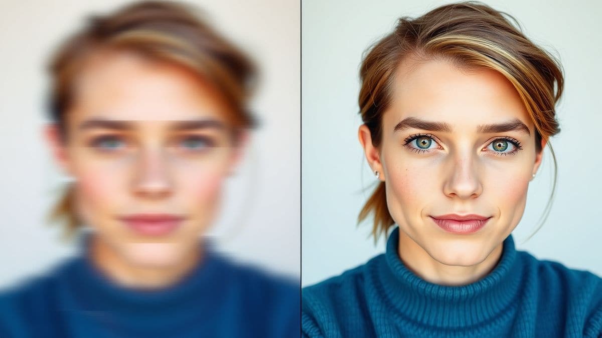 A split screen showing two images: on the left, a blurry, distorted AI-generated image with artifacts; on the right, a crystal-clear photorealistic portrait generated by Flux AI, highlighting the difference in quality, modern design, 4k