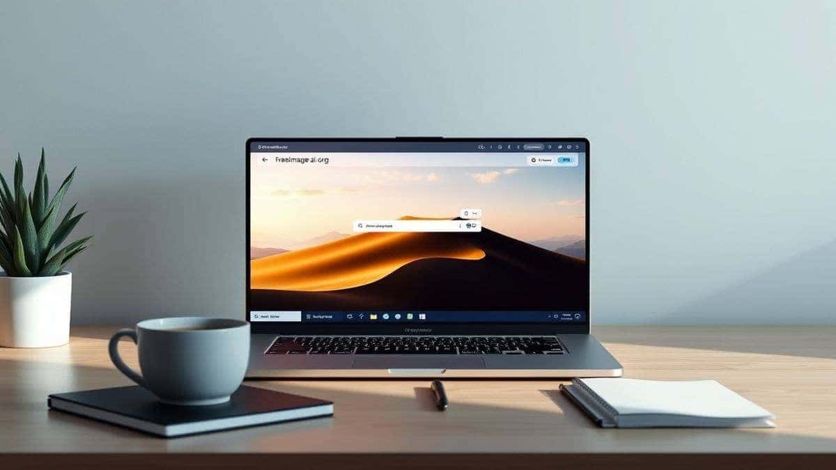 A clean, minimalist workspace setup showing a laptop screen with the freeimageai.org interface open, displaying a stunning AI-generated landscape. The scene includes a notebook, a cup of coffee, and soft natural lighting, ultra-modern style, 4k, high detail