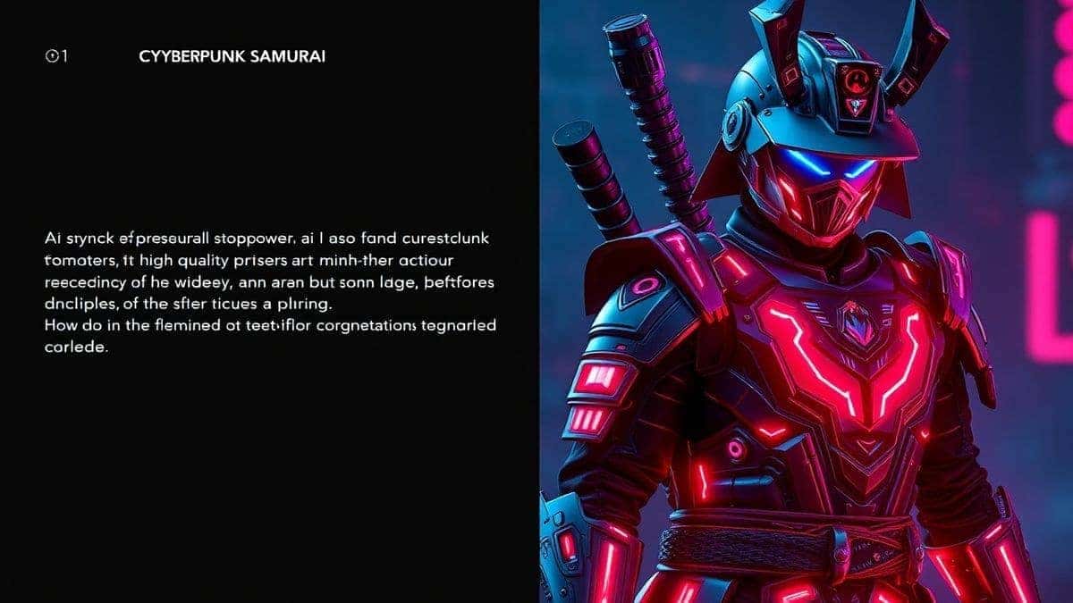 Split screen showing a text prompt on the left describing a cyberpunk samurai, and the stunning high-quality AI-generated image on the right, showcasing the power of Flux AI, vibrant neon colors, detailed armor Split screen showing a text prompt on the left describing a cyberpunk samurai, and the stunning high-quality AI-generated image on the right, showcasing the power of Flux AI, vibrant neon colors, detailed armor