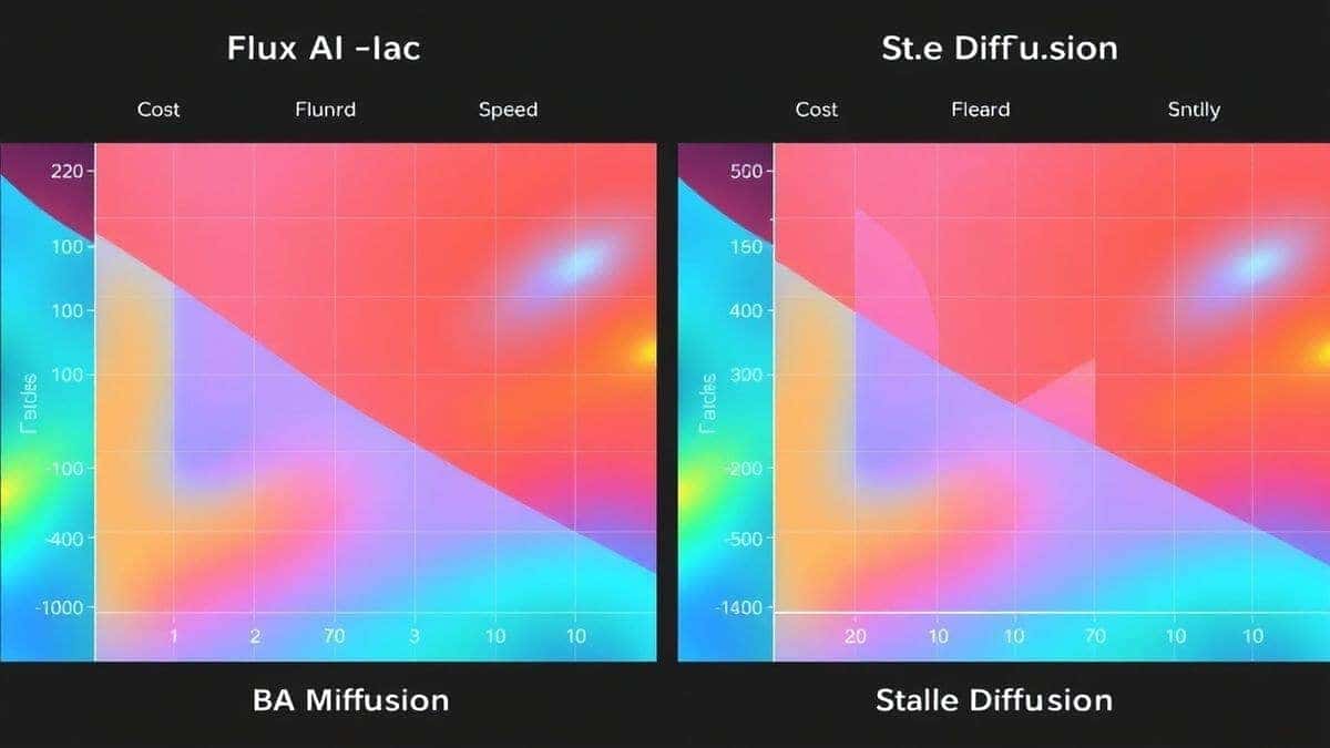 comparison chart of Flux AI versus Midjourney DALL-E and Stable Diffusion showing image quality speed and cost metrics, side by side visual grid, professional design layout comparison chart of Flux AI versus Midjourney DALL-E and Stable Diffusion showing image quality speed and cost metrics, side by side visual grid, professional design layout
