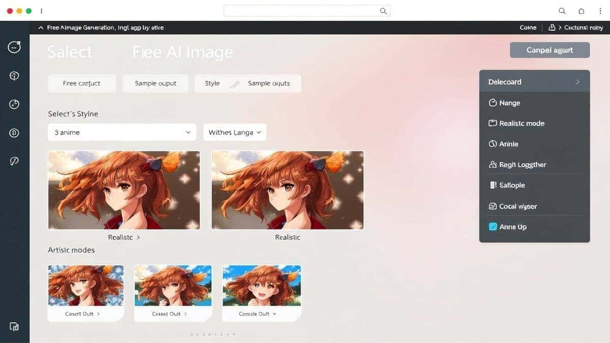 Free AI Image Generator dashboard interface showing style selection options including anime, realistic, and artistic modes, clean web design with sample outputs, bright professional screenshot Free AI Image Generator dashboard interface showing style selection options including anime, realistic, and artistic modes, clean web design with sample outputs, bright professional screenshot