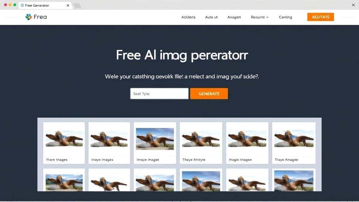 Screenshot of Free AI Image Generator website interface showing prompt input box and generated example images, clean modern layout, purple and blue gradient, user-friendly design Screenshot of Free AI Image Generator website interface showing prompt input box and generated example images, clean modern layout, purple and blue gradient, user-friendly design
