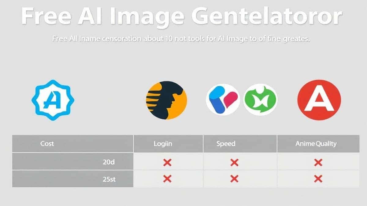Infographic style comparison chart showing the Free AI Image Generator logo next to logos of other popular AI tools. Key metrics like 'Cost', 'Login Required', 'Speed', and 'Anime Quality' are highlighted with checkmarks and x-marks, clearly showing the free tool's advantages
