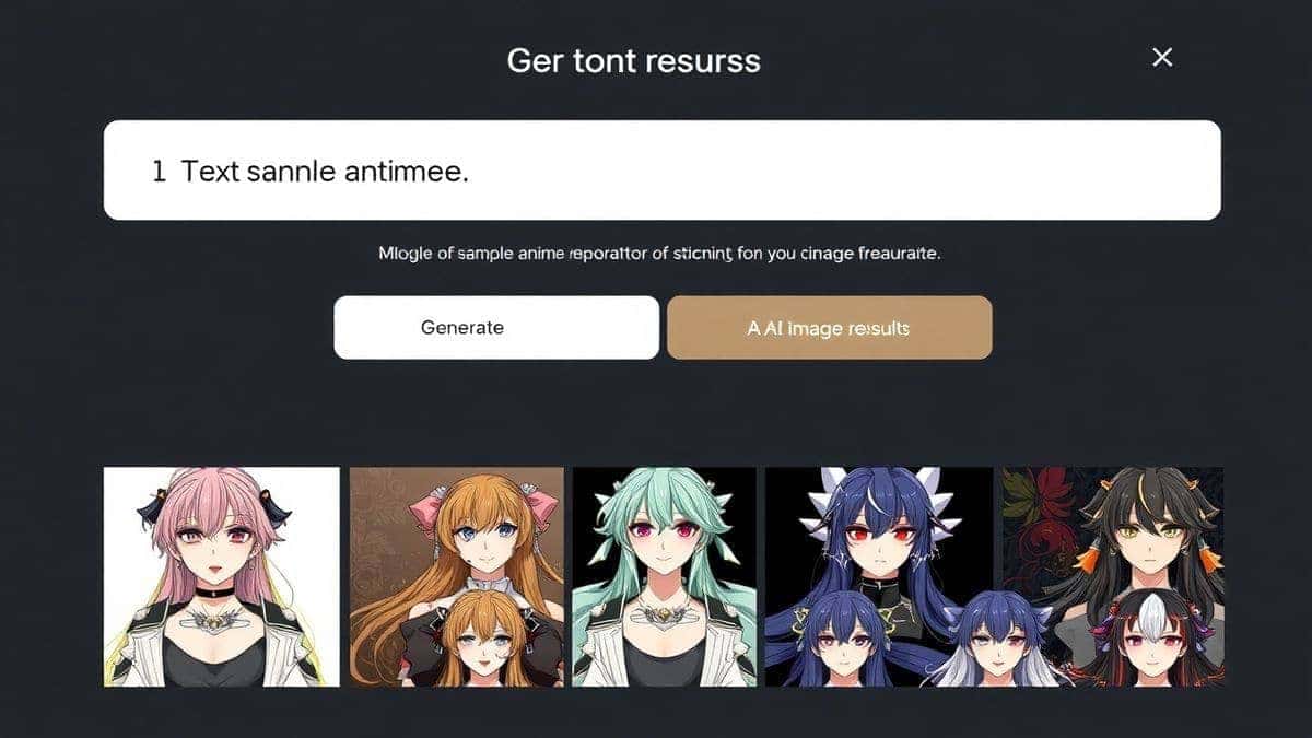 Screenshot of the Free AI Image Generator website interface, showing a text input box with a sample anime prompt, a generate button, and a gallery of stunning AI generated anime character results, clean modern UI, 4k Screenshot of the Free AI Image Generator website interface, showing a text input box with a sample anime prompt, a generate button, and a gallery of stunning AI generated anime character results, clean modern UI, 4k