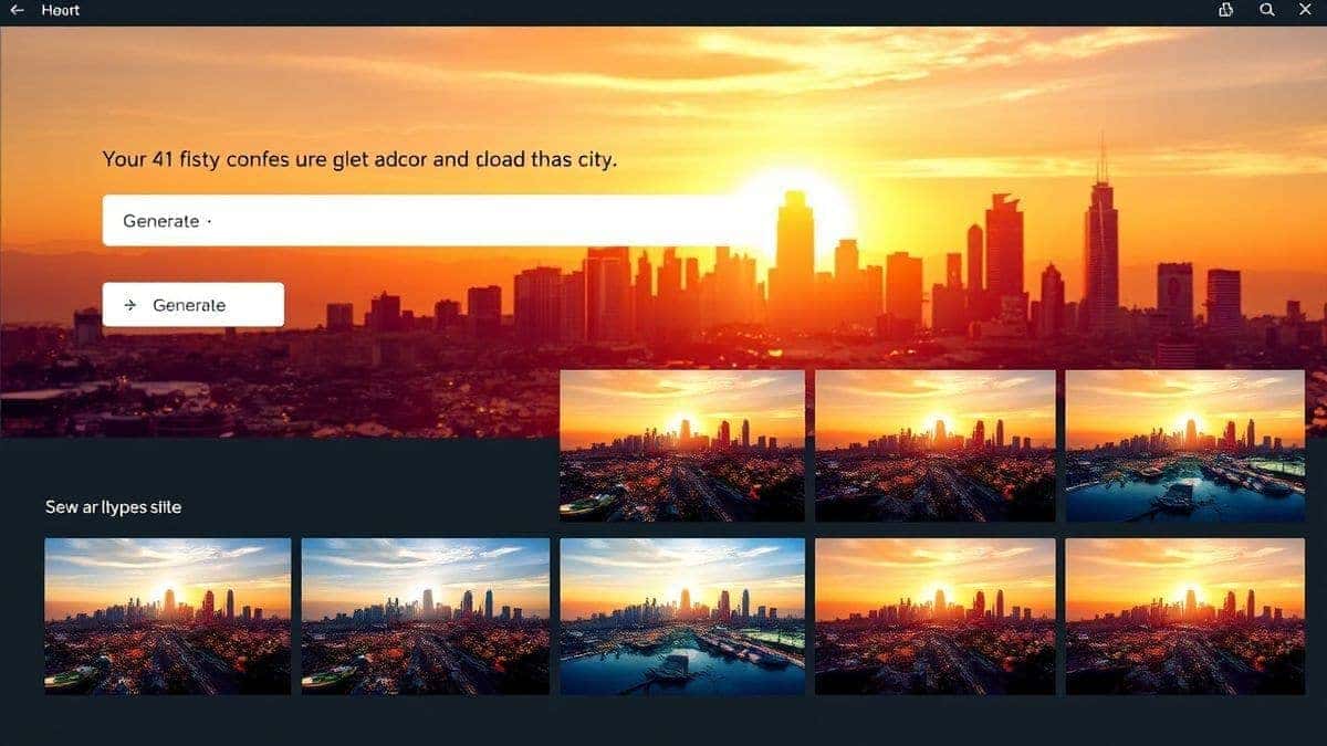 Screenshot of the Free AI Image Generator online tool interface showing a text input box with a prompt about a futuristic city, a glowing generate button, and several high-quality image outputs displayed in a grid, sleek UI, 4k Screenshot of the Free AI Image Generator online tool interface showing a text input box with a prompt about a futuristic city, a glowing generate button, and several high-quality image outputs displayed in a grid, sleek UI, 4k