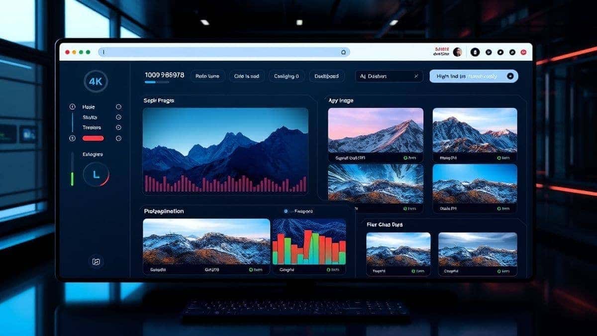sleek free AI image generator online dashboard, futuristic web interface, photorealistic image display, 4k resolution, modern workspace setting with sample outputs