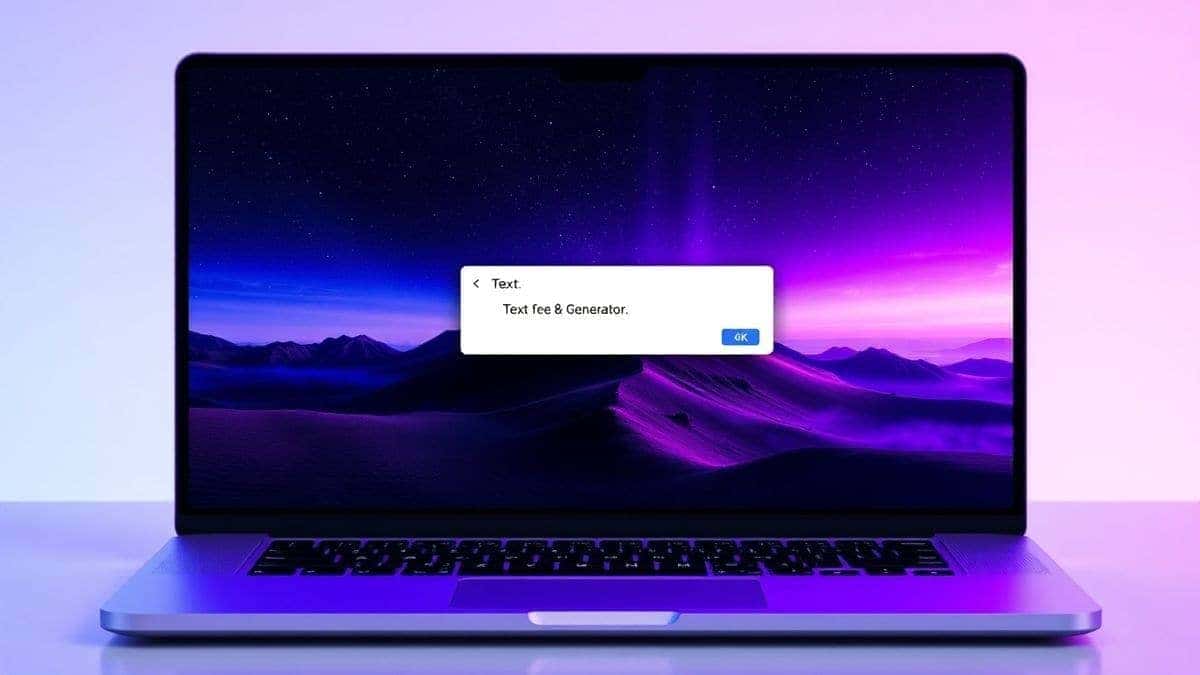 The main interface of Free AI Image Generator on a laptop screen, showing a text prompt box and a stunning generated landscape image, futuristic purple and blue color scheme, high-tech feel, 4k