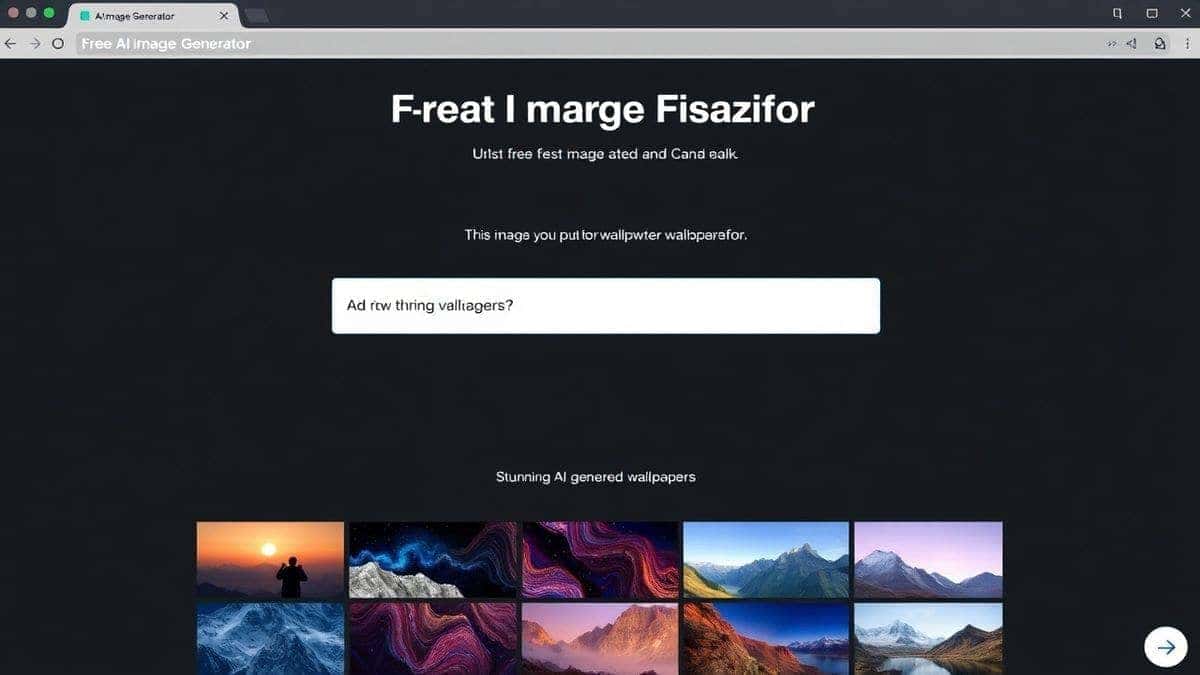 The user interface of the Free AI Image Generator website, showing a text input field with a prompt, and a grid of stunning AI-generated wallpapers below, modern and clean design, 4k, high-tech feel The user interface of the Free AI Image Generator website, showing a text input field with a prompt, and a grid of stunning AI-generated wallpapers below, modern and clean design, 4k, high-tech feel