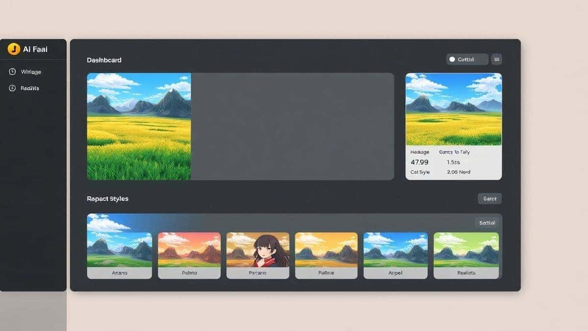 dashboard of free ai image generator showing multiple output styles from anime to realistic, clean modern UI, 4k