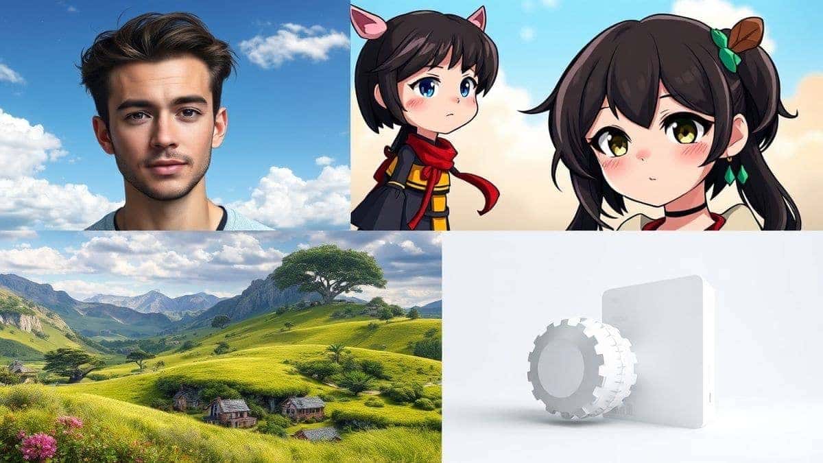A collage showcasing four different image styles generated by the Free AI Image Generator: a photorealistic portrait, a vibrant anime character, a detailed fantasy landscape, and a clean 3D product render, high quality, 4k A collage showcasing four different image styles generated by the Free AI Image Generator: a photorealistic portrait, a vibrant anime character, a detailed fantasy landscape, and a clean 3D product render, high quality, 4k