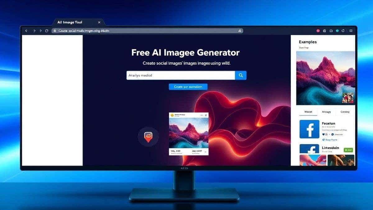 A sleek, modern web interface of the Free AI Image Generator tool on a desktop screen, showing a text input field with a prompt like 