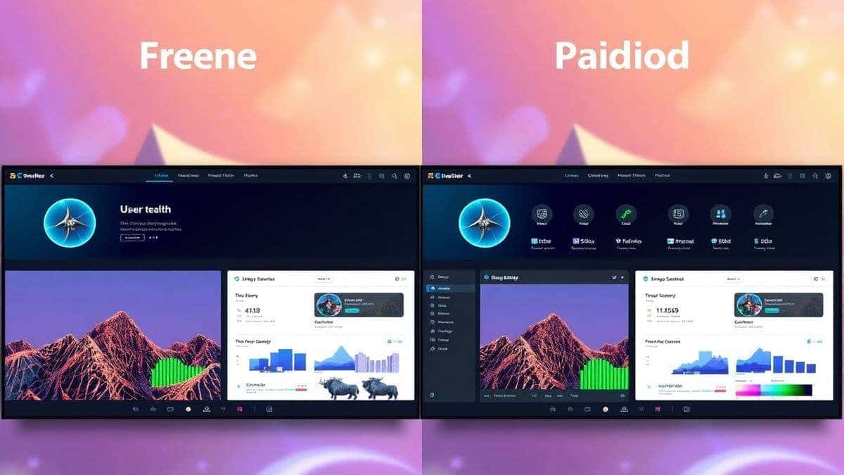 split screen comparison of free AI image generator interface versus paid tool dashboard, futuristic design, professional quality, 4k resolution