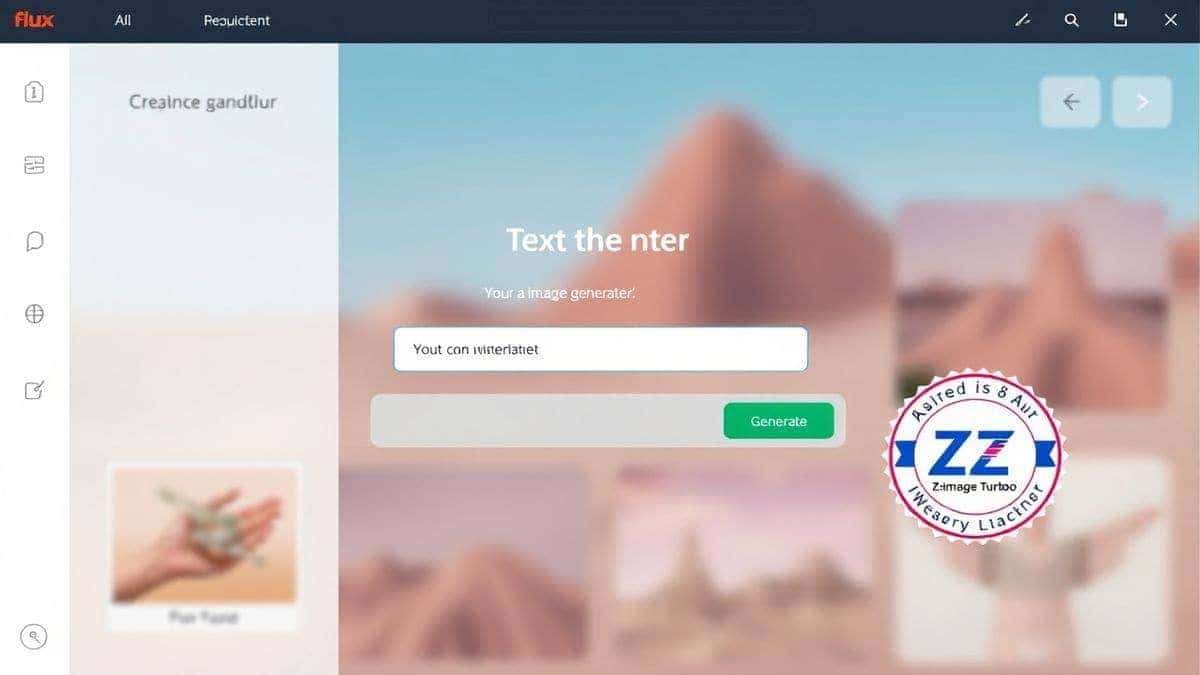 Screenshot of the Free AI Image Generator interface, clean modern dashboard, text input box, generate button, Flux AI logo, Z-Image Turbo badge, 4k, high resolution Screenshot of the Free AI Image Generator interface, clean modern dashboard, text input box, generate button, Flux AI logo, Z-Image Turbo badge, 4k, high resolution
