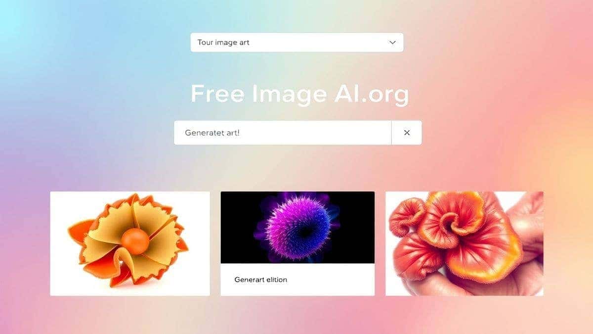 Screenshot of the FreeImageAI.org homepage interface, clean and modern design with a text input box and generate button, showing examples of AI generated art, vibrant colors, 4k resolution Screenshot of the FreeImageAI.org homepage interface, clean and modern design with a text input box and generate button, showing examples of AI generated art, vibrant colors, 4k resolution