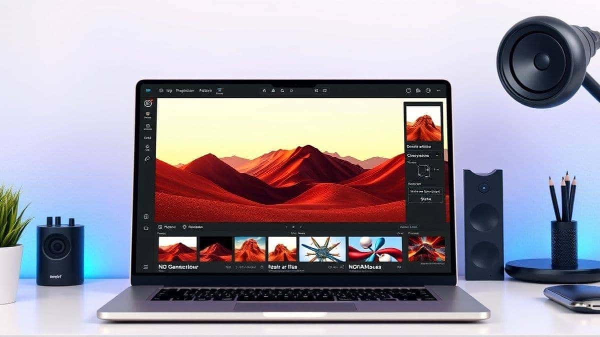designer using free ai image generator no login required on laptop, fast workflow, futuristic interface, 4k, high resolution, clean desk setup
