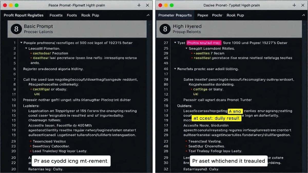 side by side comparison of basic prompt results versus professional multi-layered prompt results, showing dramatic quality improvement, annotated with prompt elements highlighted side by side comparison of basic prompt results versus professional multi-layered prompt results, showing dramatic quality improvement, annotated with prompt elements highlighted