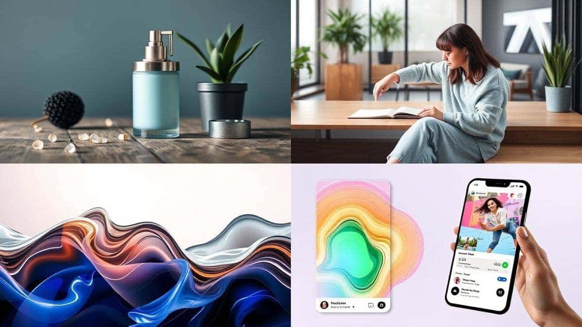Collage of four AI generated marketing images showing different styles: product photography, lifestyle scene, abstract brand visual, social media mockup, all with professional quality Collage of four AI generated marketing images showing different styles: product photography, lifestyle scene, abstract brand visual, social media mockup, all with professional quality