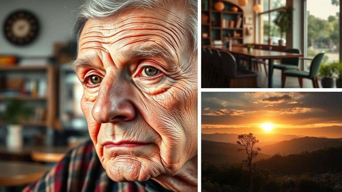 Collage of stunning AI-generated realistic photos showing diverse subjects: elderly person with detailed wrinkles, a coffee shop scene with natural light, a landscape with volumetric lighting, ultra HD, photorealistic quality