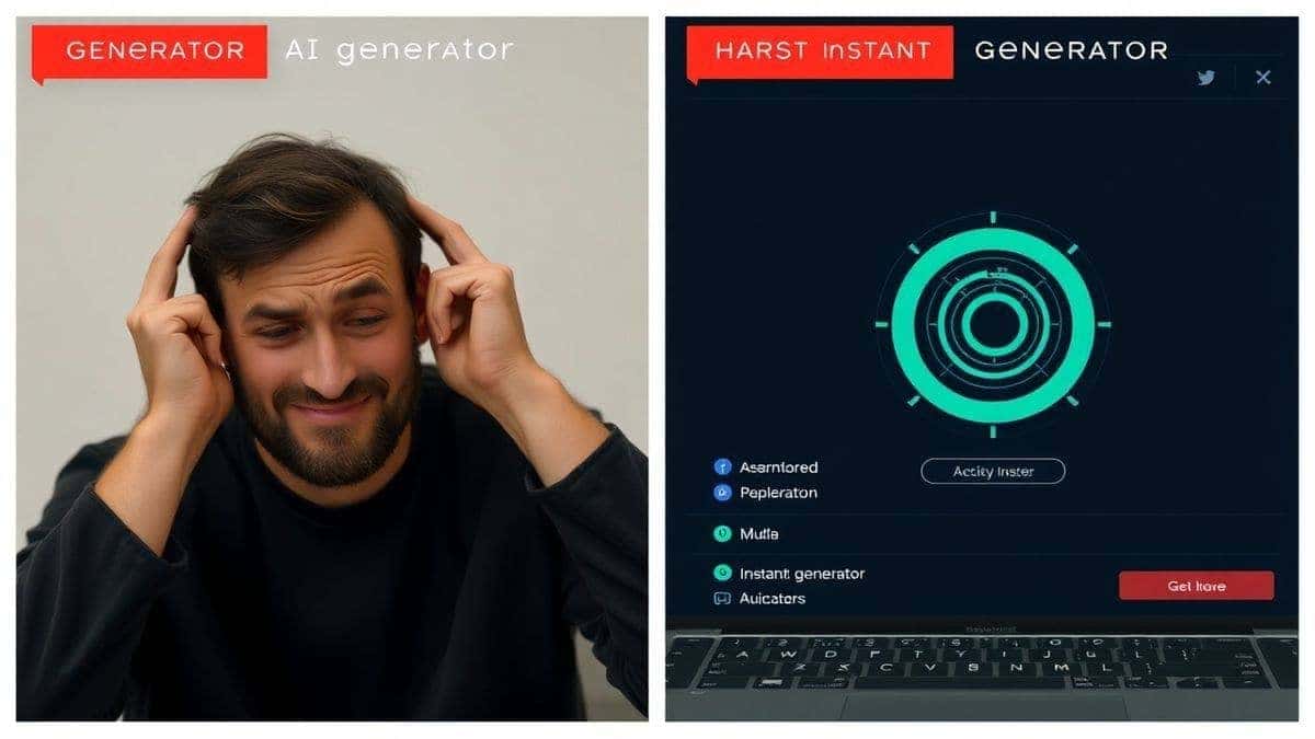 split screen comparison showing slow traditional AI generator with loading spinner versus fast instant generator, frustrated user on left, happy user on right, modern interface design, 4k quality split screen comparison showing slow traditional AI generator with loading spinner versus fast instant generator, frustrated user on left, happy user on right, modern interface design, 4k quality