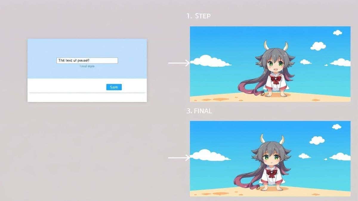 step by step process of creating ai anime image generator artwork, showing text prompt input, loading state, and final high quality anime character output, clean visual guide step by step process of creating ai anime image generator artwork, showing text prompt input, loading state, and final high quality anime character output, clean visual guide