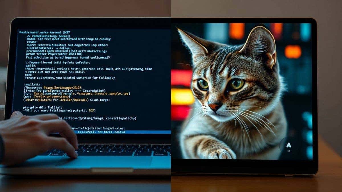 A split-screen image showing a user's hand typing a detailed prompt into a laptop on the left, and the resulting high-quality cyberpunk cat image being generated on the right, clean interface, 4k A split-screen image showing a user's hand typing a detailed prompt into a laptop on the left, and the resulting high-quality cyberpunk cat image being generated on the right, clean interface, 4k