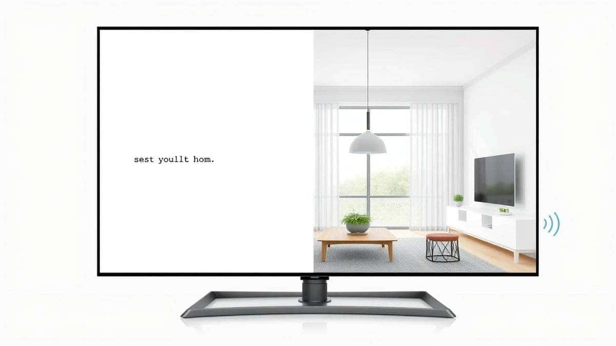 split screen illustration showing a text prompt being typed on the left and a high-quality finished image of a modern living room being generated on the right, clean and educational design split screen illustration showing a text prompt being typed on the left and a high-quality finished image of a modern living room being generated on the right, clean and educational design