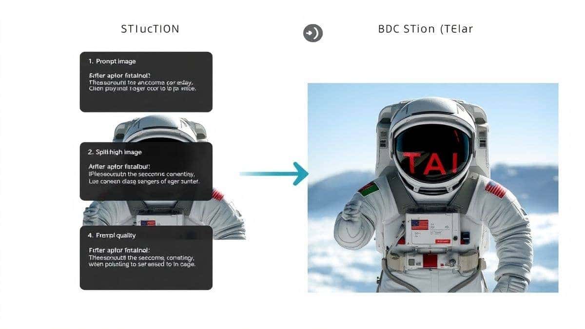 step by step AI prompt structure example showing astronaut image generation, split screen with prompt components and final high quality image, Flux AI generated, professional sci-fi style step by step AI prompt structure example showing astronaut image generation, split screen with prompt components and final high quality image, Flux AI generated, professional sci-fi style